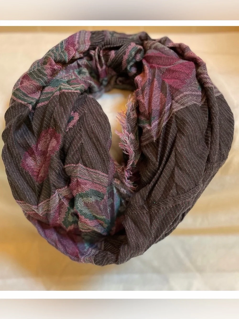 Boho Plaid Infinity Scarf Pink Purple Fringe Lightweight Women’s